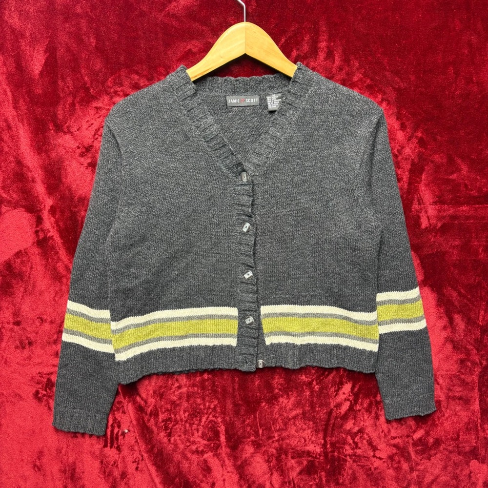 Jamie Scott Gray Wool Blend Striped V-Neck‎ Button Front Cardigan Sweater M